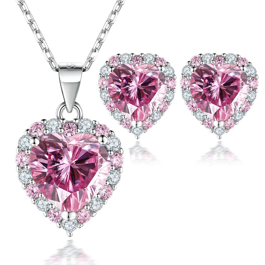 Pink Heart Moissanite Necklace Earring Set 2ct with Certificate Passed Diamond Test Women Jewelry Gift S925 Silver