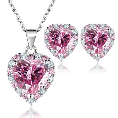 Pink Heart Moissanite Necklace Earring Set 2ct with Certificate Passed Diamond Test Women Jewelry Gift S925 Silver