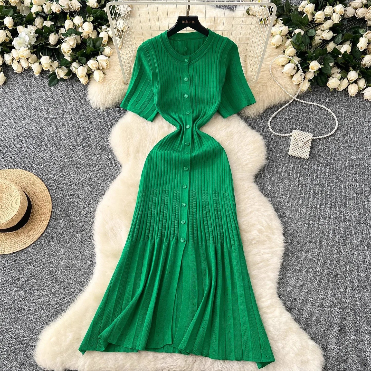 Fashion Vintage Turn-down Collar Knit Maxi Dress Elegant Single-breasted A-line Long Shirt Dress Lady Vestidos