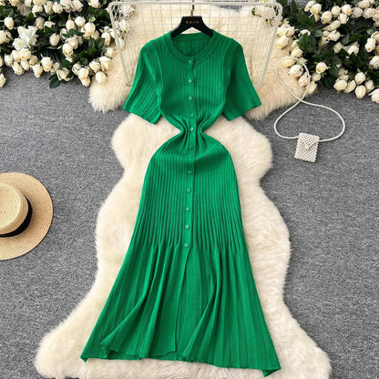 Fashion Vintage Turn-down Collar Knit Maxi Dress Elegant Single-breasted A-line Long Shirt Dress Lady Vestidos
