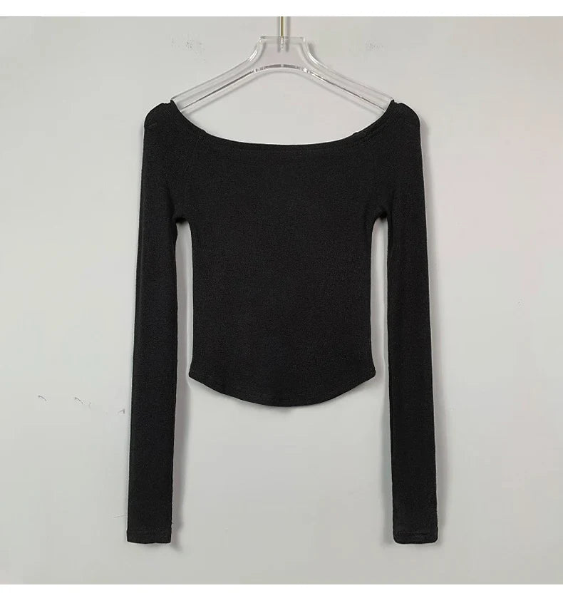 Camiseta Feminina Sexy com Decote Canoa de Algodão Manga Longa Cropped Tee Camiseta Feminina Slim Preta Branca Tops 2026