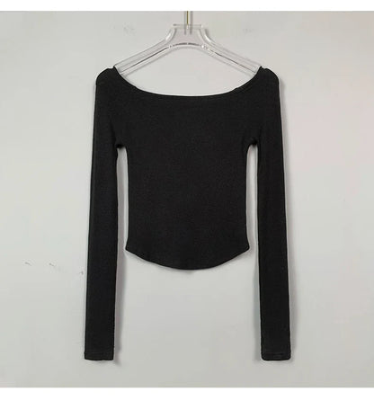 Camiseta Feminina Sexy com Decote Canoa de Algodão Manga Longa Cropped Tee Camiseta Feminina Slim Preta Branca Tops 2026