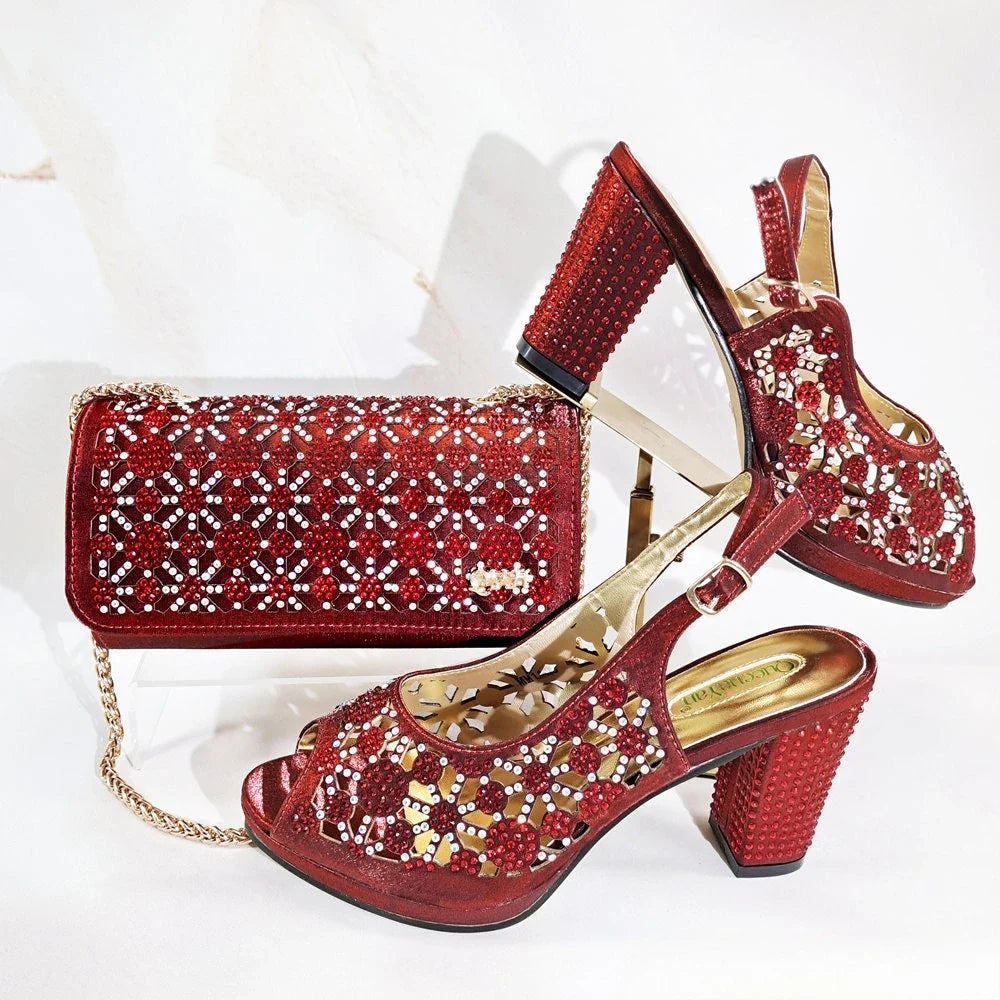 New Italian Design Open Toe Women High Heels for 2025 Elegant Party Wine Color Diamond Pumps Shoes and Bags Matching Set