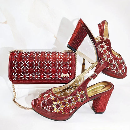 New Italian Design Open Toe Women High Heels for 2025 Elegant Party Wine Color Diamond Pumps Shoes and Bags Matching Set