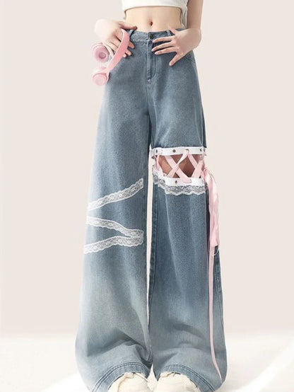 American Sweet Pantalones De Mujer Lace Patchwork Bandage High Waist Casual Loose Jeans Preppy Style All Match Women's Clothing