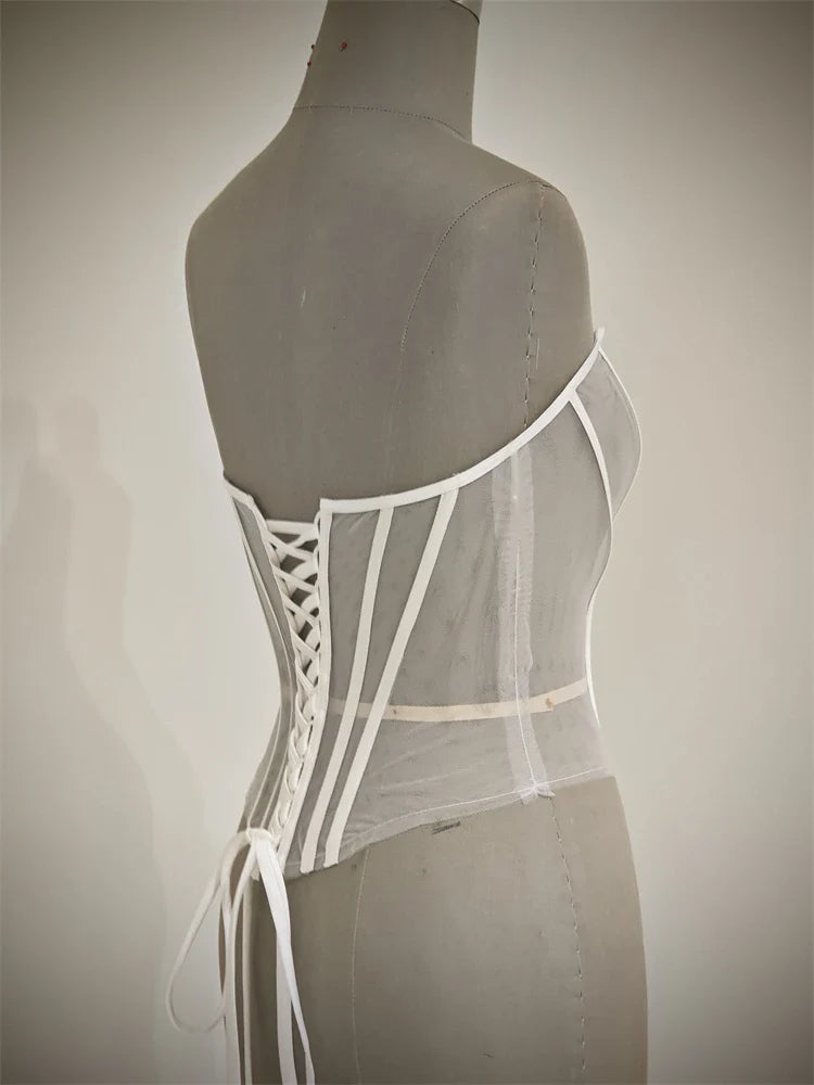 Custom Made Women Sexy Illusion Corset Tulle With Bones Wedding Dress Inner Wear Grils Shapewear Body Restraint Bodice Of Bride