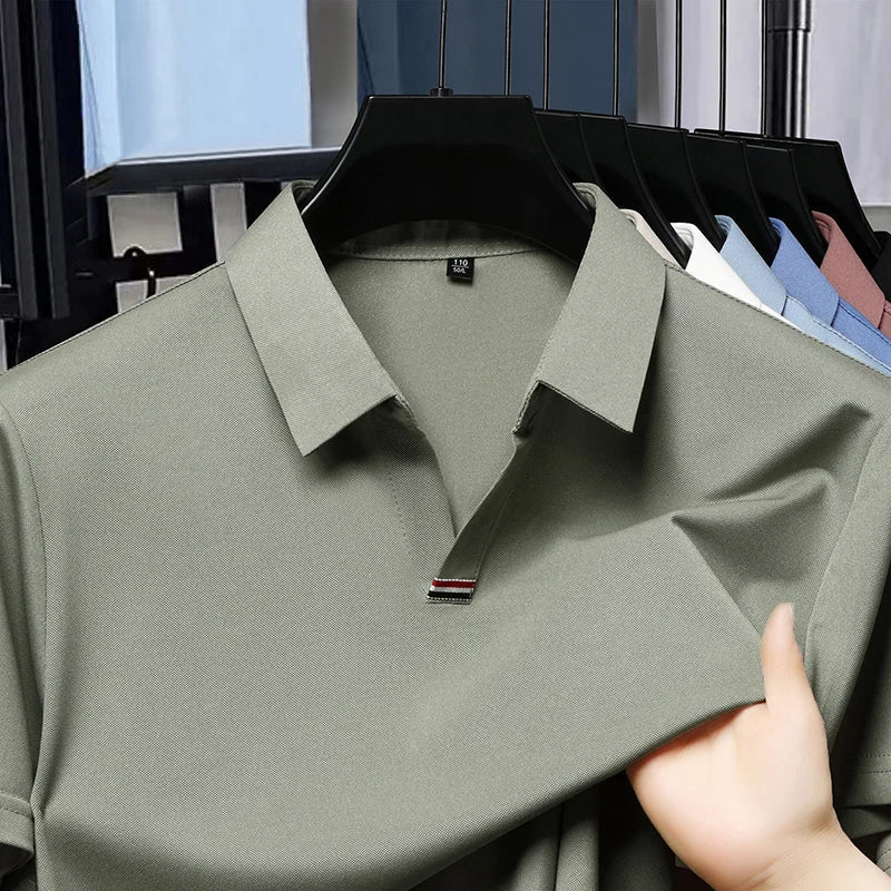 High quality brand solid color V-neck short sleeve polo shirt men summer fashion simple casual ice silk breathable lapel T-shirt