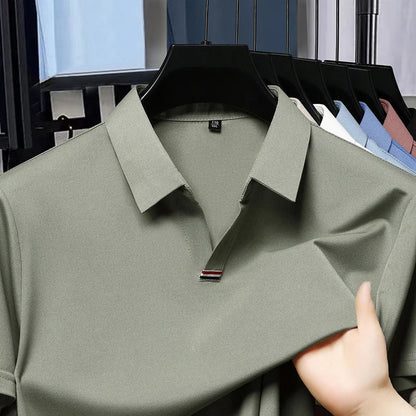 High quality brand solid color V-neck short sleeve polo shirt men summer fashion simple casual ice silk breathable lapel T-shirt
