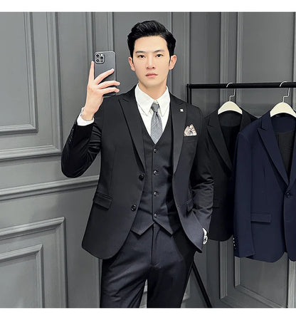 Slim Fit Men's Three Piece Suit Thin Single Button Notch Lapel Casual Fashion Cotton Blend Spring Autumn Wear for Youth