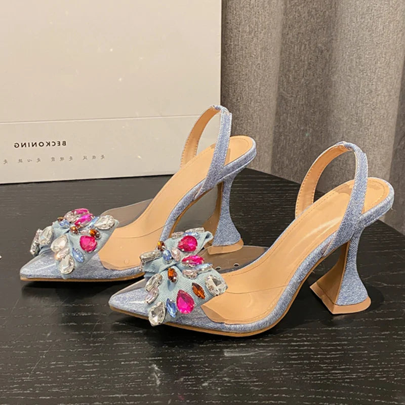Sapato Feminino Scarpin De Cristal Com Laço Em Jeans, Bico Fino, Salto Alto, Sandália Sexy Para Festa De Formatura, Sapatos De Primavera, Zapatillas De Mujer