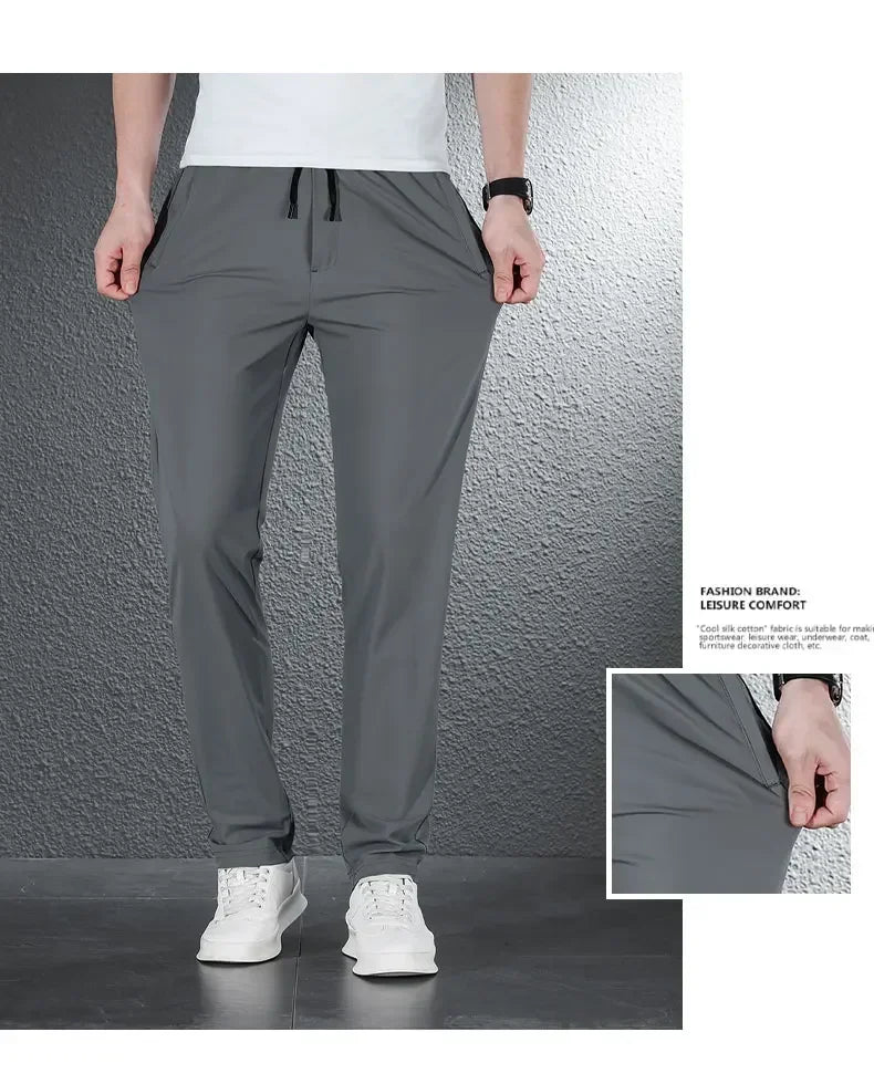 2024 Summer Soft Ice Silk Fabric Men's Thin Casual Pants Korean-style Fashion  Straight High Stretch Trousers Male Luxury Brand