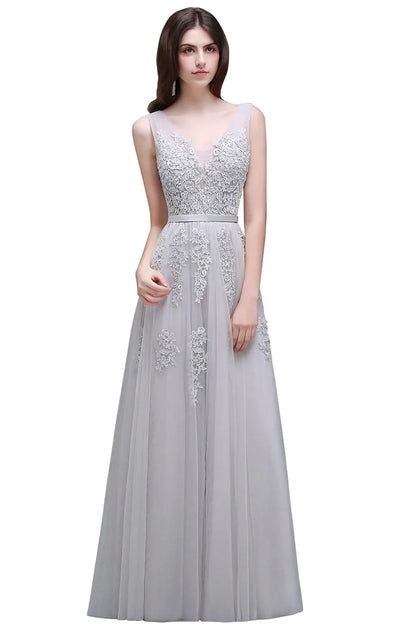 A-line V-neck Tulle Sleeveless Zipper Up Long Prom Applique V Neck Evening Gowns Formal Elegant And Pretty Women's Dresses