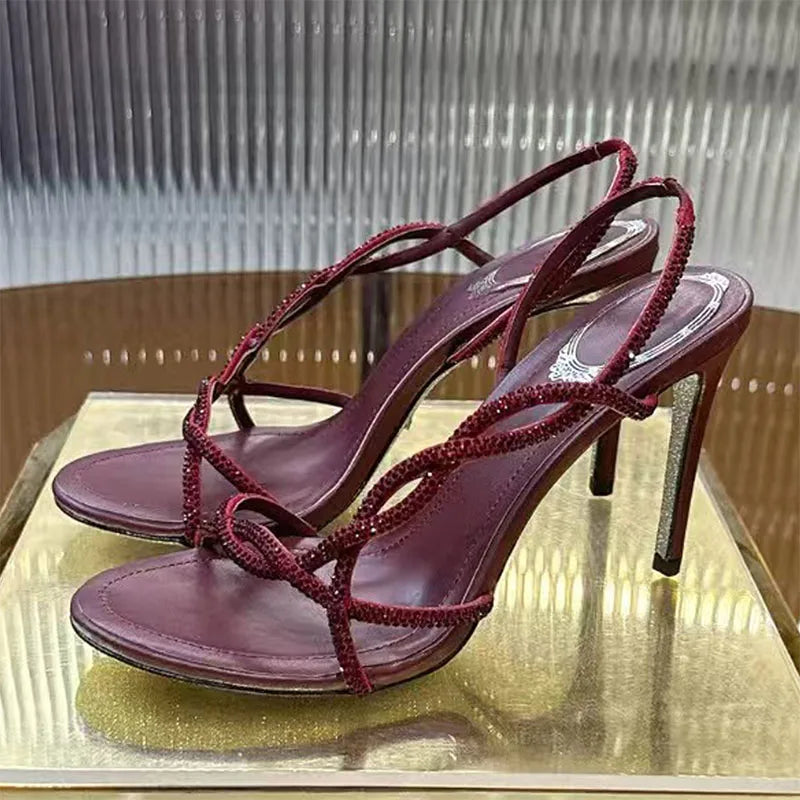 Bling Crystal Studded Thin Heels Sandals Woman Rhinestone Cross-tied High Heels Banquet Shoes Summer Stiletto Sandalias Women