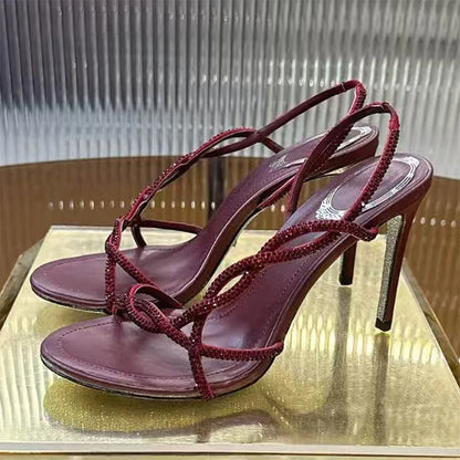 Bling Crystal Studded Thin Heels Sandals Woman Rhinestone Cross-tied High Heels Banquet Shoes Summer Stiletto Sandalias Women