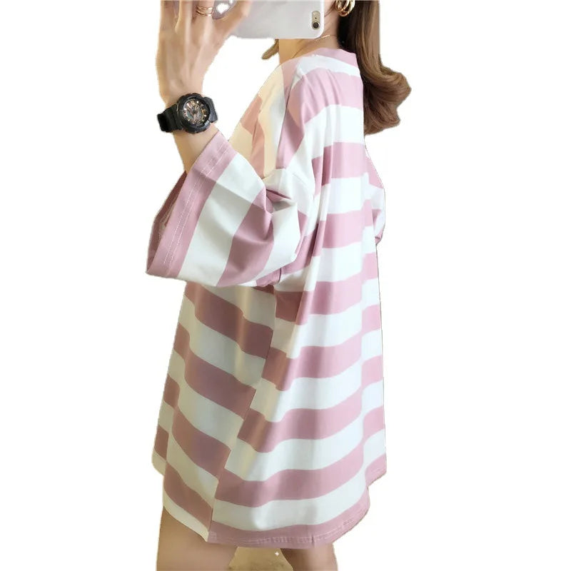 Y2K Novo Verão Feminino Blusas de Manga Curta Tees INS Moda Casual Solta Listrada Cropped T-shirt Gola O Algodão Pulôver Feminino T-shirts