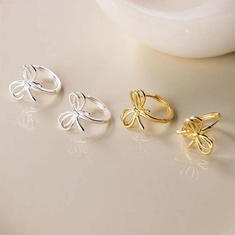 925 Sterling Silver Hollow Romantic Bow Huggies Ear Hoops Earrings for Women Fashion Elegant Charm Party Jewelry Gifts