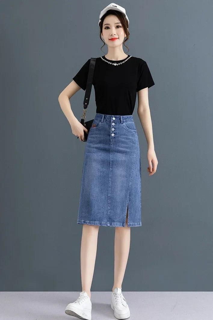 Chubby High Waist Female Jeans Skirts Blue Women's Denim Skirt with Pocket Midi To Knees Length 2025 Trend New in Y2k Vintage V