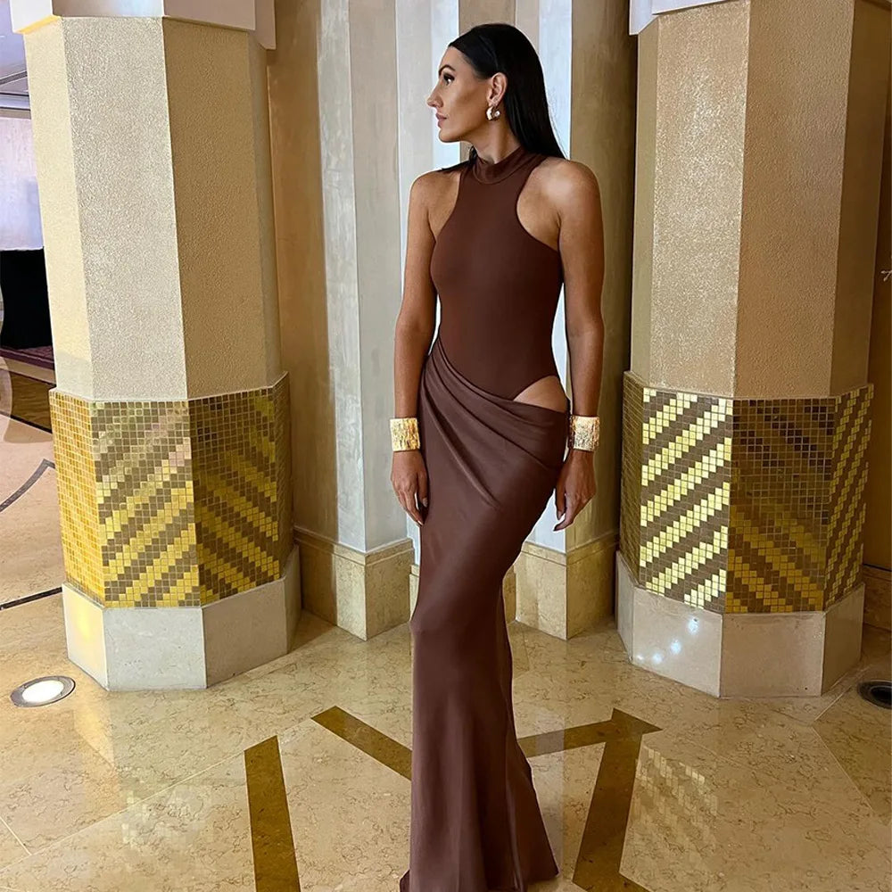 Satin Sexy Hollow Out Women Maxi Dress Black Sleeveless High Waist Dress Female Autumn Skinny Elegant Party Clubwear