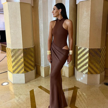 Satin Sexy Hollow Out Women Maxi Dress Black Sleeveless High Waist Dress Female Autumn Skinny Elegant Party Clubwear