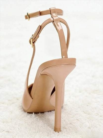 Nude Patent Leather Ankle Strap Buckle Women Pumps Sexy Pointed Toe Stiletto Heels Summer Stiletto Heels Party Shoes Sandalias