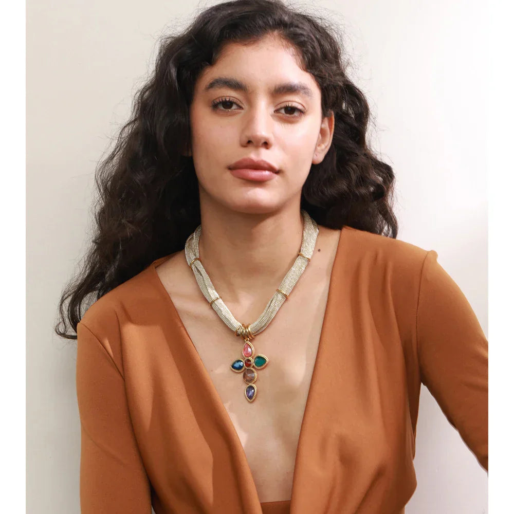 Yhpup White Colorful Shiny Glass Cross Pendant Necklace for Women Stainless Steel Polyester Chain Exquisite Jewelry Gift