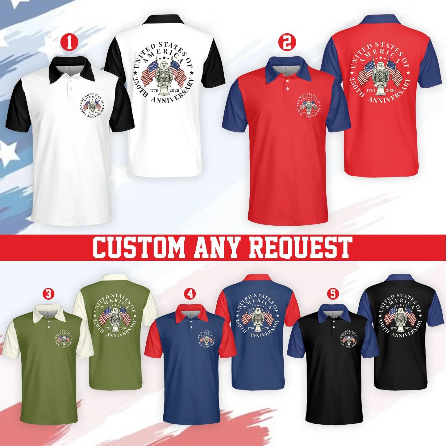 New Men USA 250th Anniversary Golf Polo Shirt 1776 2026 American Eagle Flag Patriotic Short Sleeve Casual Comfort Shirt