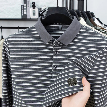 Men's Striped Long Sleeved T-shirt Polo Shirt Button Up Men's Stand Up Collar, Winter Double-sided German Velvet Base Shirt