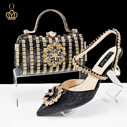 Italian Design Rhinestone-encrusted Ladies Party Women Shoes And Bag  Nigeria Gold Mini Bag Women High Heels