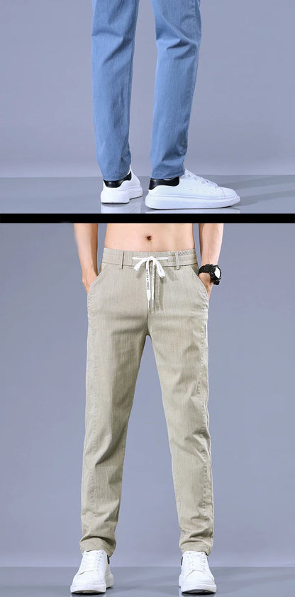 Size 28-38 Thin Casual Pants Mens Slim Simple Cotton Stretch Spring Summer Trousers Elastic Waist Drawstring Jogging Sweatpants