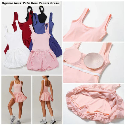 Workout Tennis Dress with Built in Shorts Square Neck Padded Workout Dress with Pockets Golf Athletic Mini Dresses