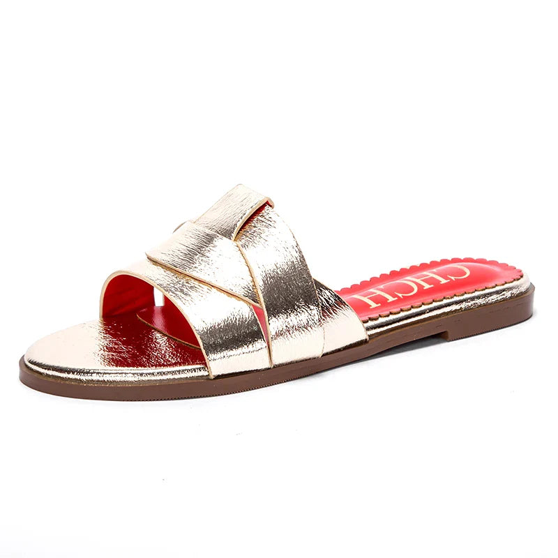 Women's Slippers Luxury brand PU Material Outdoor Flat Bottom Beach Tourism Summer Women's Slippers  2024 summer
