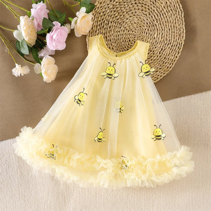 2026 Summer 12M-5Y Childrens Clothes Cute Bee Print Girls Dress with Tulle Skirt Sleeves Fluffy Dress for Girls