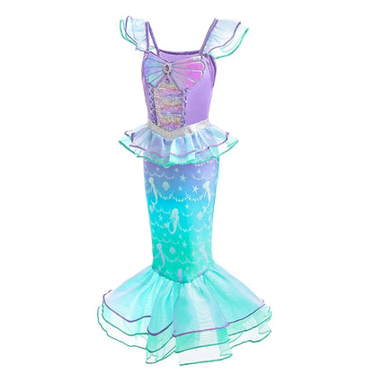 Halloween Costume Mermaid Dress Girl Ruffles Shell Fishtail Frocks Ariel Fantasy Luxury Princess Gown Children Fancy Fairy Dress
