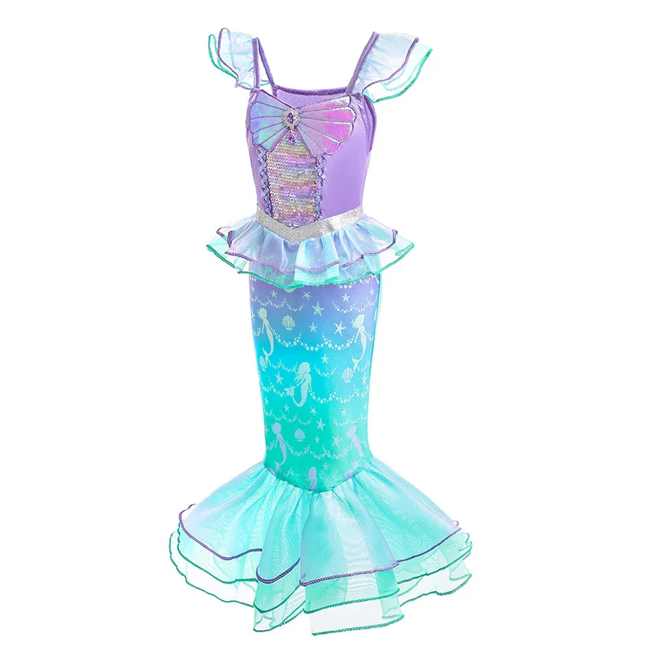 Ariel Cosplay Princess Costume Kids Cartoon Printed Dress Girls Halloween Children Carnival Birthday Party Clothes