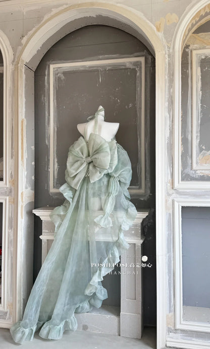 High Street Women's Mint Green Strapless Bowknot Sweet Fairy Organza Dress 2024 New Elegant Big Bow Trailing Party Wedding Dress