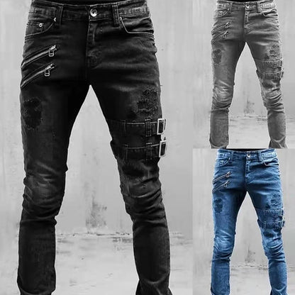 Calça Jeans Masculina Skinny Rasgada Estilo Streetwear Com Bolsos Laterais Calça Cargo Jeans Slim Fit Calça Macia Elástica Jogger