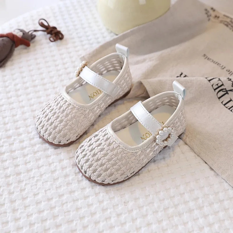 Spring Girl's Sandals Braided Pearl Hook-loop Chic Kid's Flat Shoe Solid Colors Anti-slip Casual Versatile Children Shoes 4-6Y