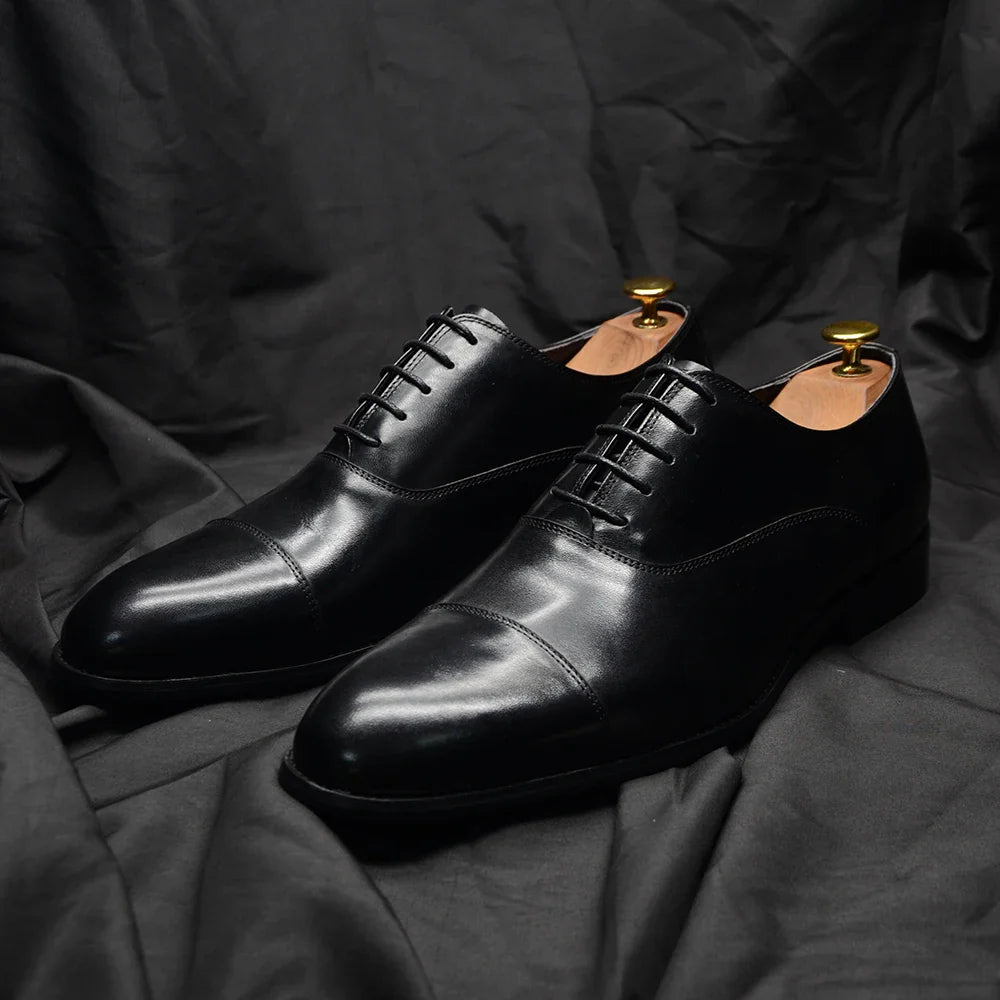 Luxury Genuine Leather Mens Business Dress Shoes Black Cap Toe Lace-Up Oxfords Company Office Wedding Party Formal Shoes for Men
