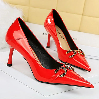 Women 7cm 10cm High Heels Wedding Bridal Replica Pumps Lady Scarpins Metal Chain Buckle Low Heels Stiletto Nude Green Prom Shoes