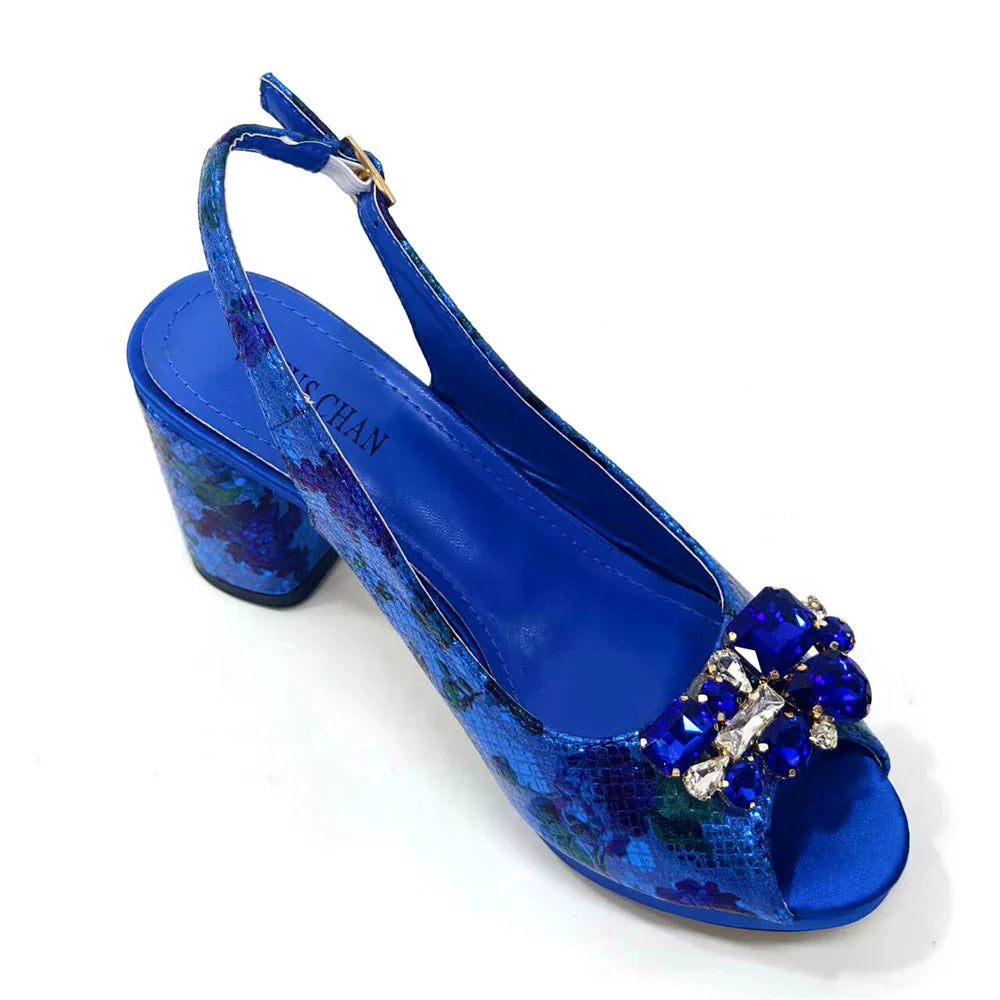 Elegant Women Heels for Peep Toe Good Material Design Rhinestone Yellow Sandals Italian Shoes and Bags Matching Set 2024