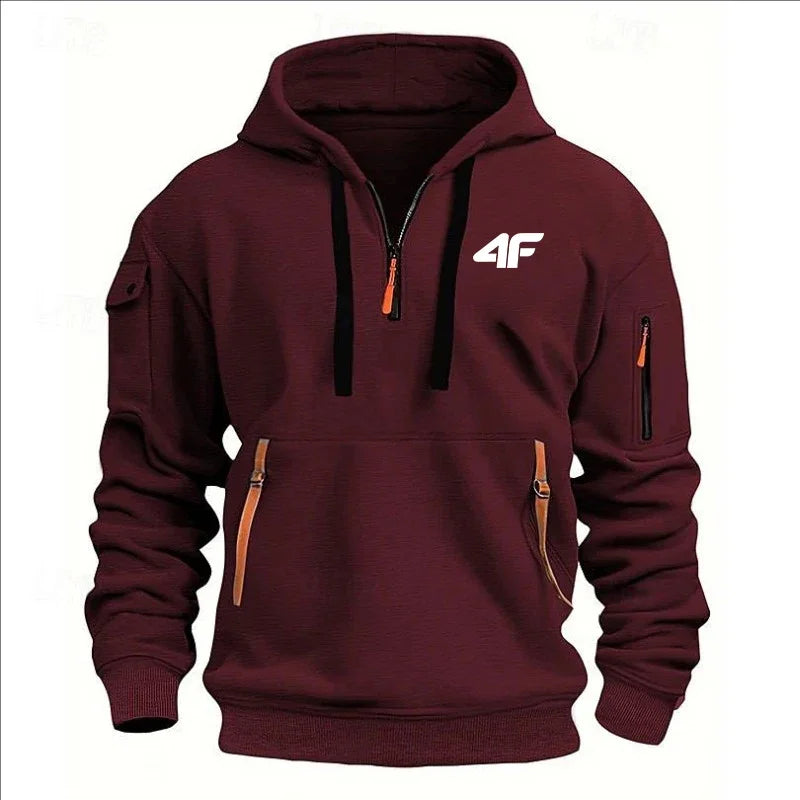 Men's hooded sweater casual sports jumper vintage Harajuku long sleeve zipper multi-pocket casual loose coat Street