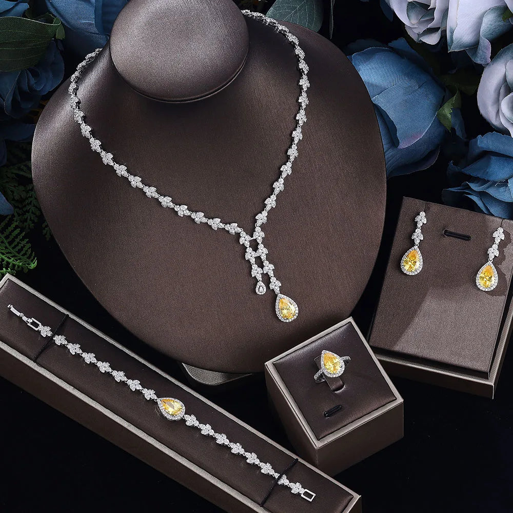Conjuntos de Joias de Zircônia Nupcial 4 peças para Festa Feminina, Joias de Casamento de Cristal com Banho de Platina Luxo Dubai Nigéria