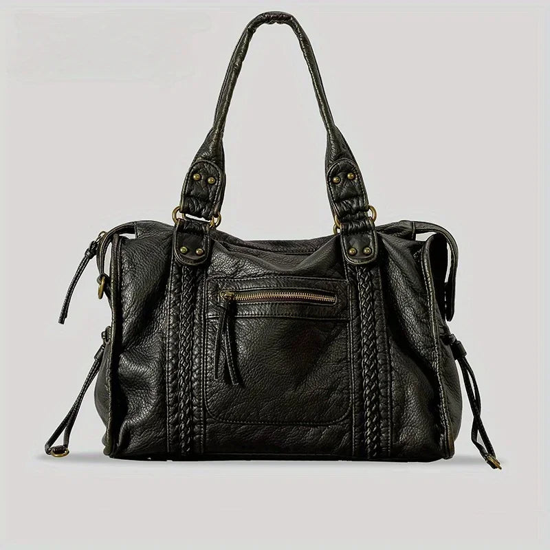 Braided Trim Black Leather Tote Bag with Gold Rivets & Front Zipper Pocket - Top Handle Work Purse for Women, Briefcase ﻿ ﻿