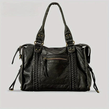 Braided Trim Black Leather Tote Bag with Gold Rivets & Front Zipper Pocket - Top Handle Work Purse for Women, Briefcase ﻿ ﻿