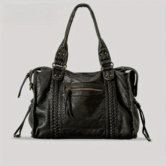 Braided Trim Black Leather Tote Bag with Gold Rivets & Front Zipper Pocket - Top Handle Work Purse for Women, Briefcase ﻿ ﻿