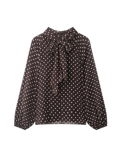 New Women Bow Collar Blouse Vintage Polka Dot Printed Loose Tops Fashion Elegant Spring Long Sleeve Commuting Shirts