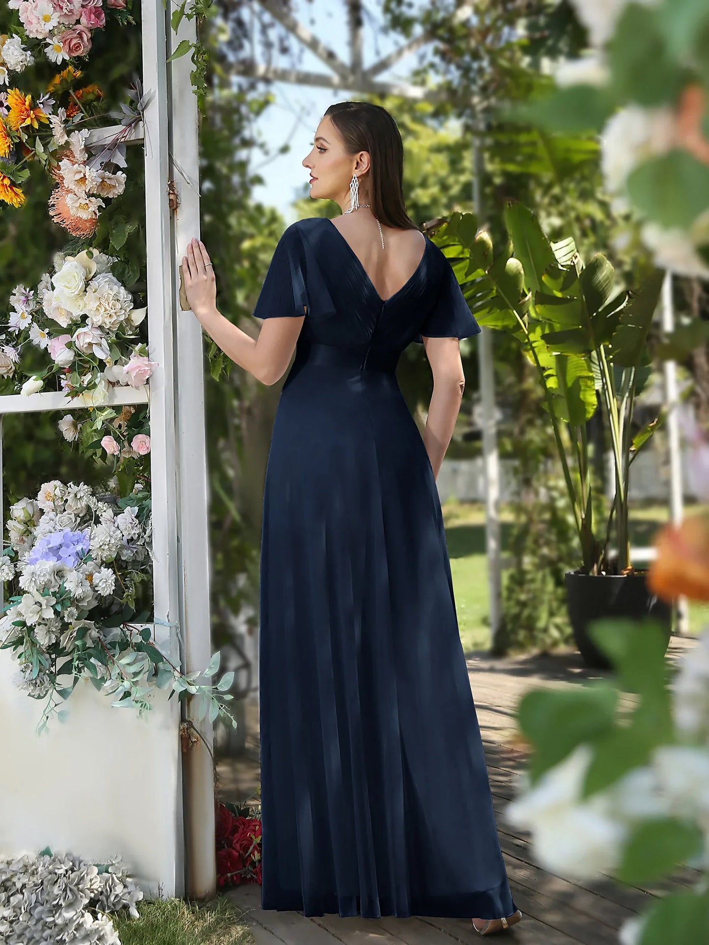 Empire Evening Dresses Cross V-Neck Tulle Short Sleeve Sashes Wedding Dress Sexy Backless Women's Formal Party Gowns