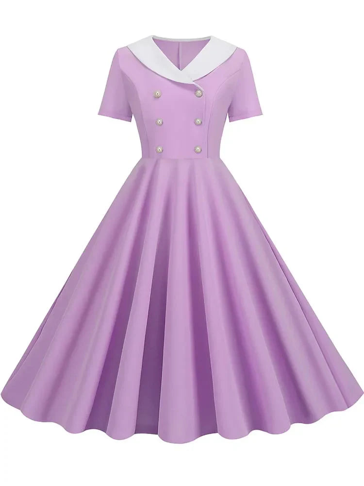 Summer Midi Dress Women Elegant Pink Vintage Party Sundress Casual Peter pan Collar Short Sleeve Dress