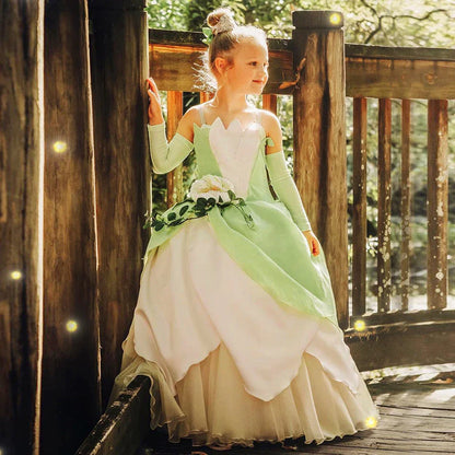 Tiana Cosplay Costume for Girls Fancy Princess Cosplay The Frog Dress Carnival Birthday Party Kids Frock Ball Gowns Clothes