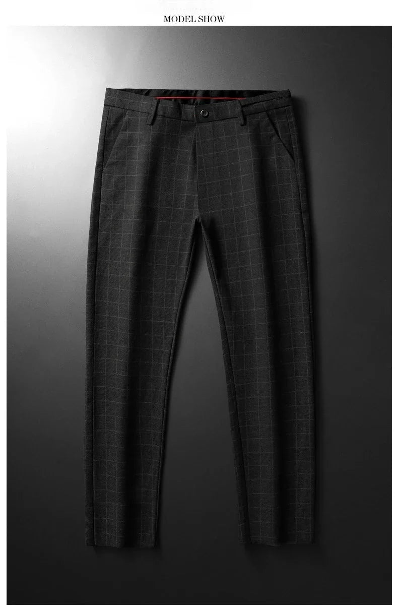 Spring Summer Business Men's Casual Pants Fashion Grid Design Versatile Comfortable Slim Straight Legs Elastic Male Trousers